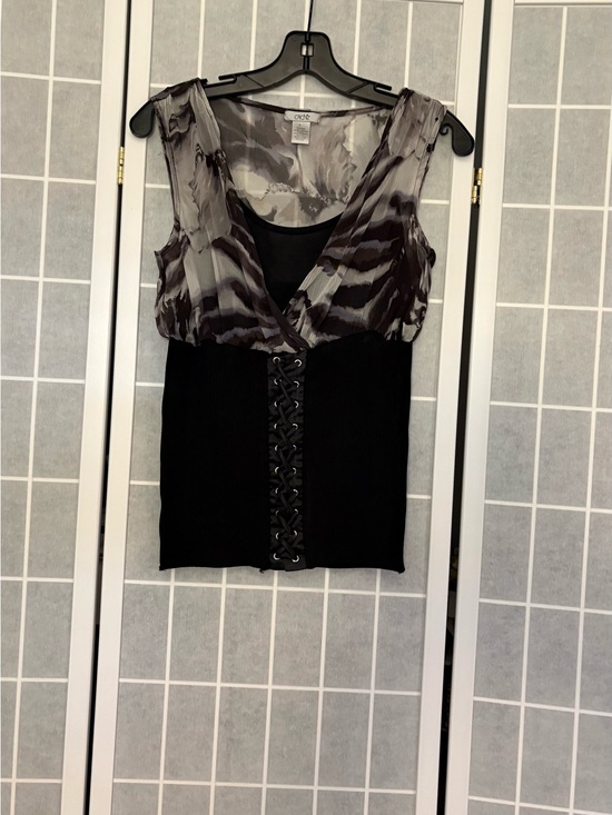 Cache Tops - Cache Black Tank with Gray Print Bodice and Lace-Up Front